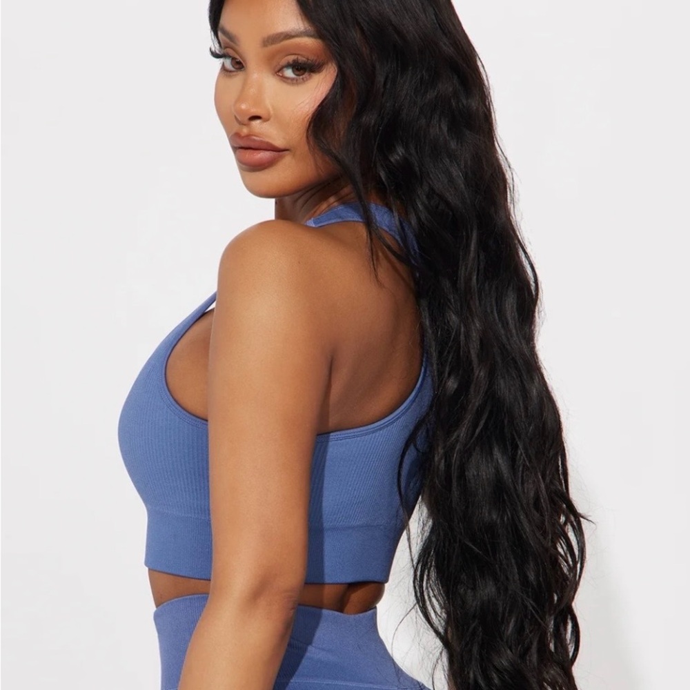 Blue Ribbed Zip-Up Crop Top - Picture 2 of 4